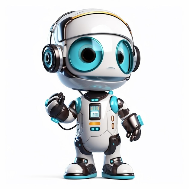 A robot with headphones and a white background.