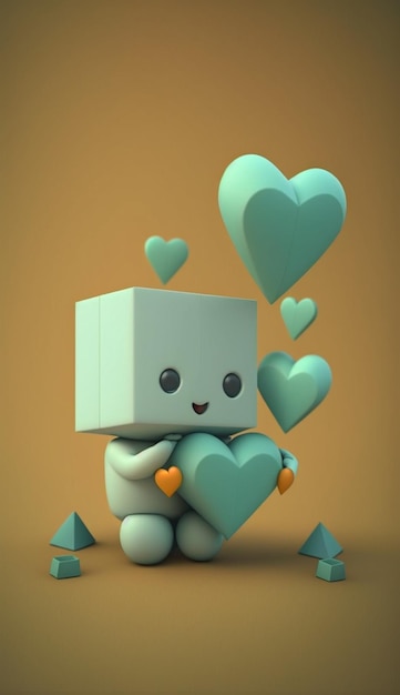 A robot with a heart on his chest is holding a heart.