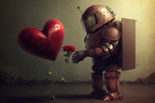 a robot with a heart shaped box that says " love ".