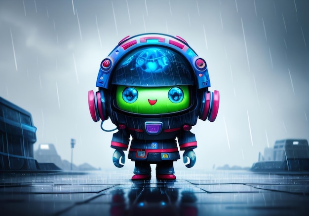 A robot with a helmet on it stands in the rain.