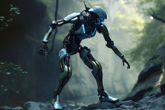 A robot with a helmet on stands in a forest.