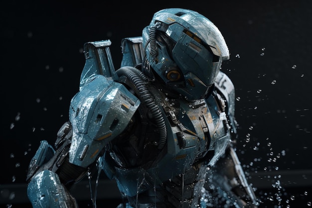 A robot with a helmet in the water