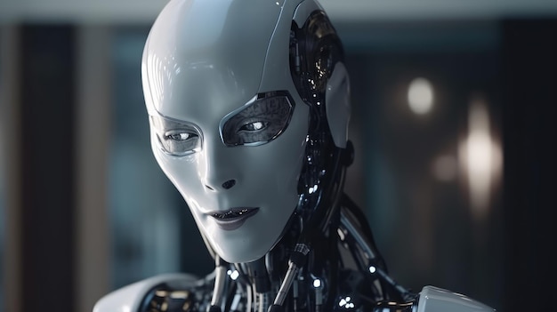 A robot with a human face and a blurred background