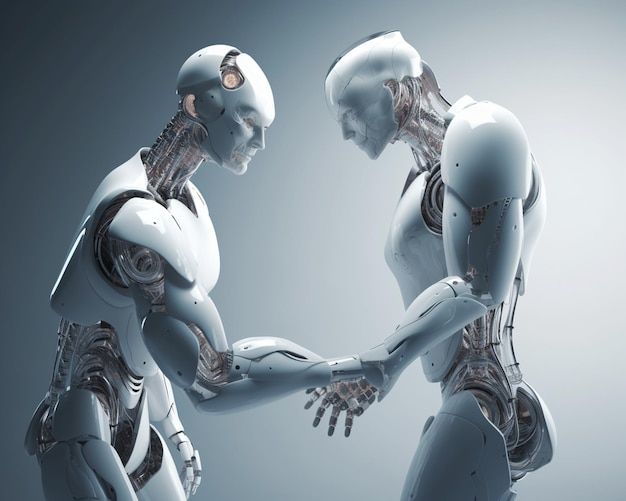 Робот с человеческим лицом пожимает руку.