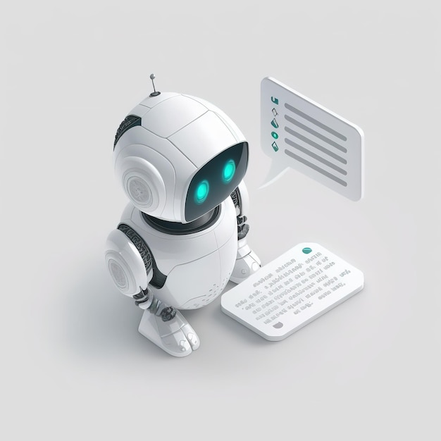 A robot with a laptop and a message on it