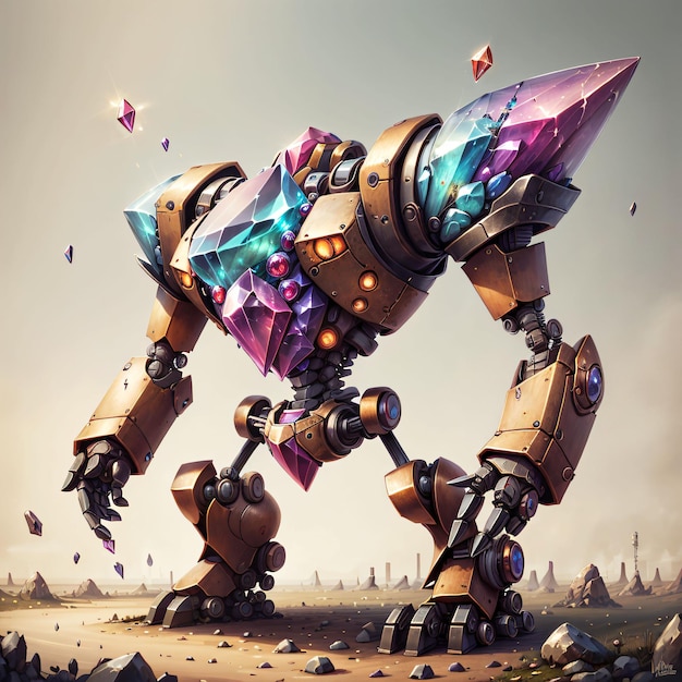 A robot with a large colorful diamond on its back stands in the middle of a landscape.