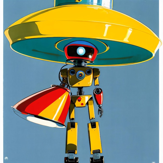 Photo a robot with a large hat on its head and a lamp on its head with a red and yellow lamp on its head