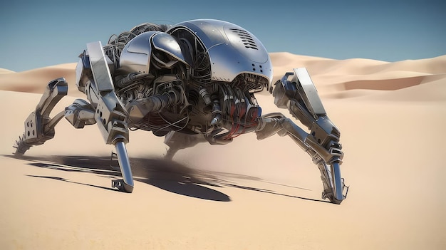 A robot with a large spider in the desert.