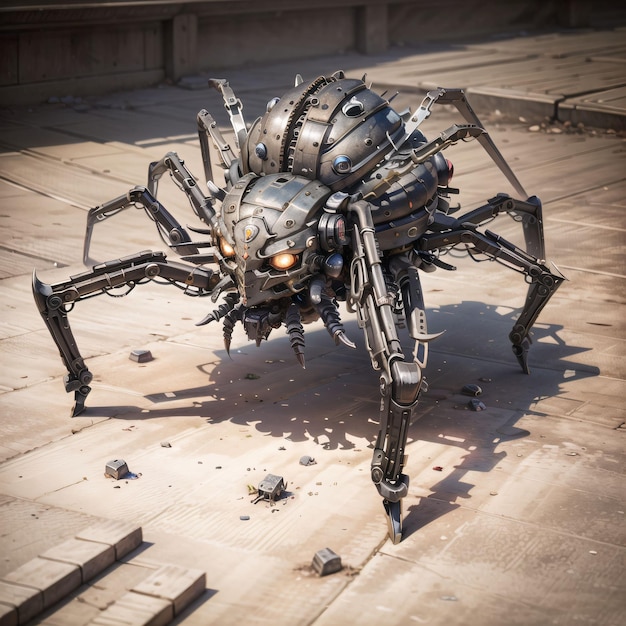 A robot with a large spider on it's face.