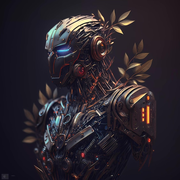 Робот с листьями и шлем с надписью «робот»