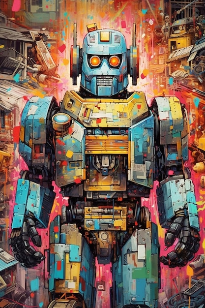 A robot with a lot of paint on it