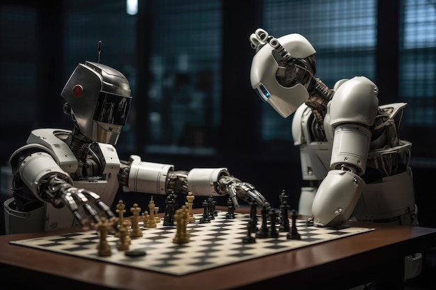 Robot With Mounted Chessboard On Its Head Playing Chess Against Human Opponent While Sitting At Table Generative AI