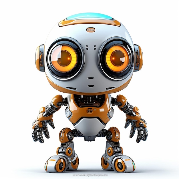 주황색 눈과 주황색 눈을 가진 로봇이 흰색 배경에 서 있습니다.