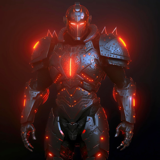 A robot with orange lights on his chest