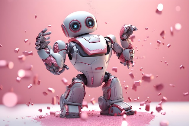 A robot with pink and blue eyes is standing in the middle of a pink background.