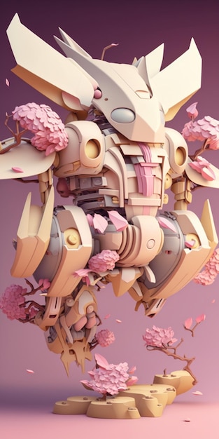 A robot with pink flowers on its head