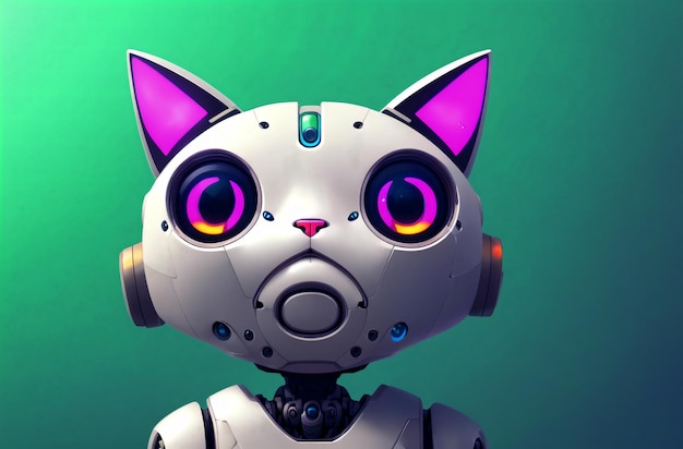 A robot with pink and purple ears and a black cat head.