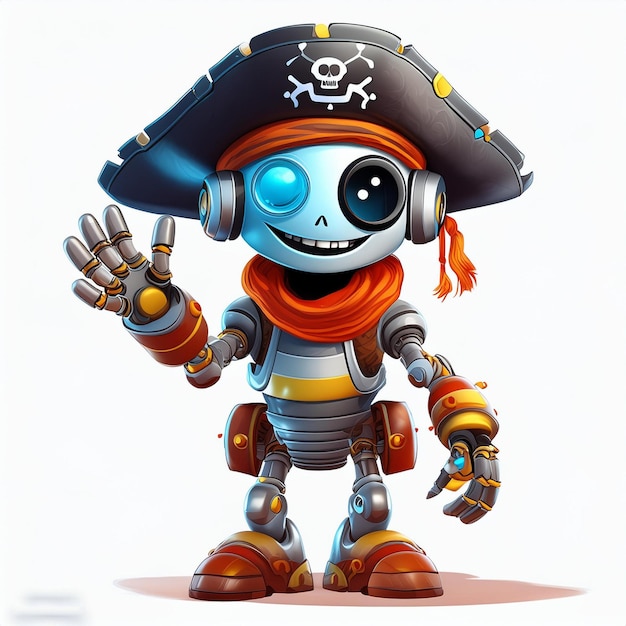 a robot with a pirate hat and a skull on his head