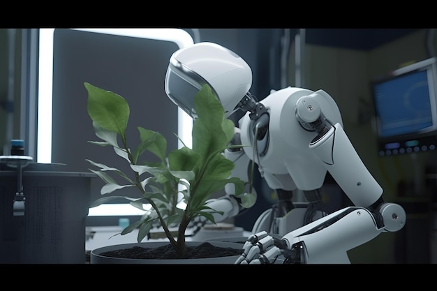 A robot with a plant in his hand is looking at the camera.