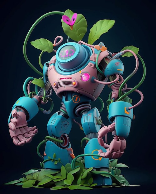 A robot with a plant in it that has a heart on it.