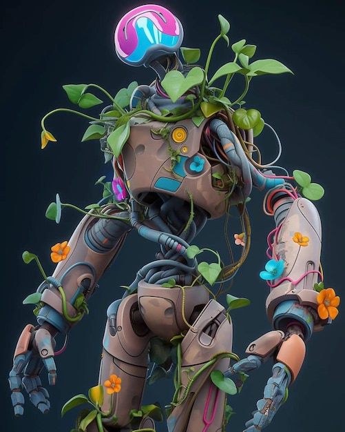 Photo a robot with plants growing out of his head