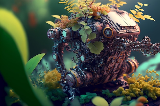 A robot with plants and plants in it