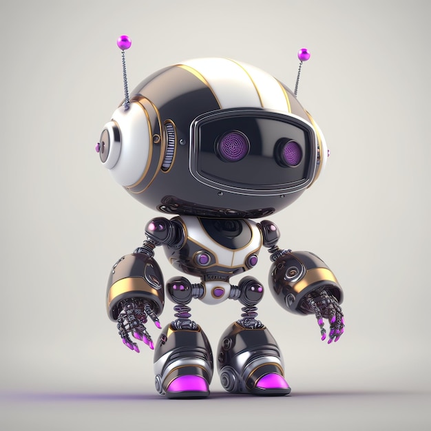 A robot with purple and black eyes is standing on a light gray background.
