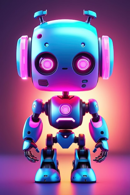 보라색과 파란색의 몸체와 보라색 배경을 가진 로봇.