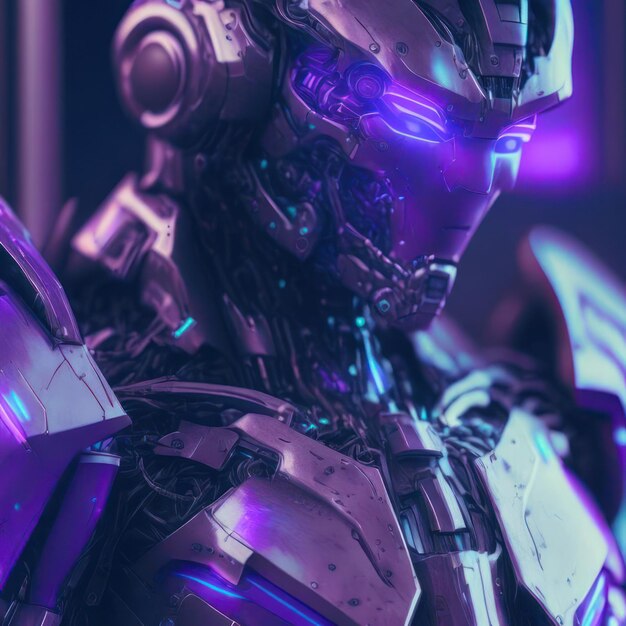A robot with a purple body and a purple background.