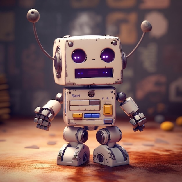 A robot with purple eyes is standing on a dirty floor.