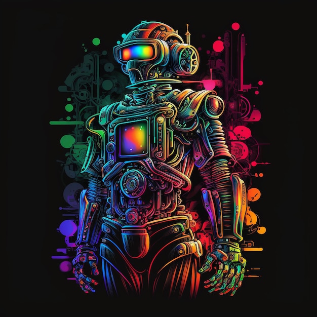 A robot with a rainbow colored background