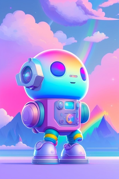 A robot with rainbow colors on its head stands on a cloudy day