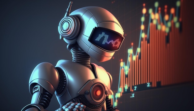 A robot with a red and black headset stands in front of a stock chart.
