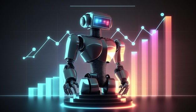 A robot with a red and blue light on its head sits in front of a graph.