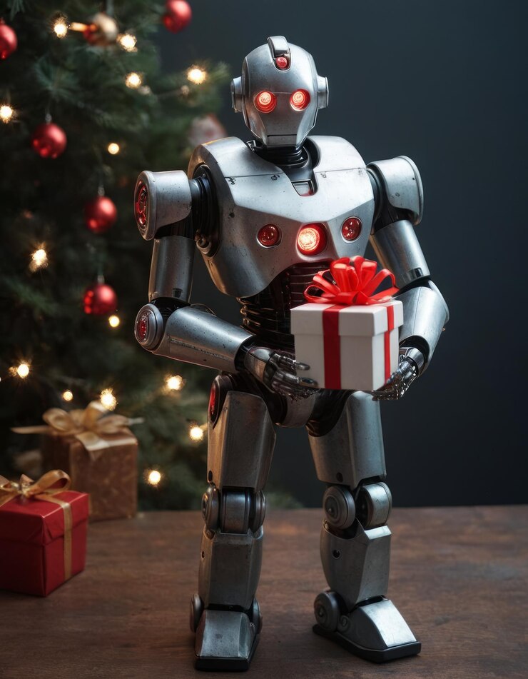 Photo a robot with a red bow is holding a gift