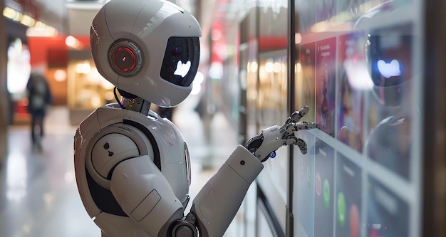a robot with a red button on its head and the word  t  on the side of it