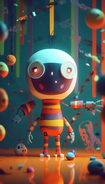 A robot with a red eye and a yellow striped shirt is standing in front of a colorful background.