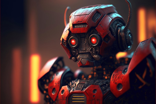 A robot with red eyes and a black background