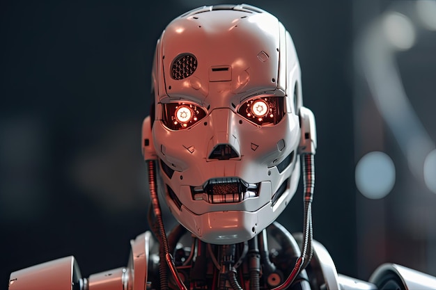 A robot with red eyes and a black background.