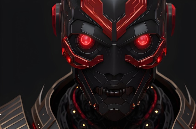 A robot with red eyes and a black background