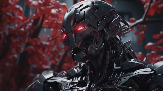 A robot with red eyes and a black helmet with a red light on it.