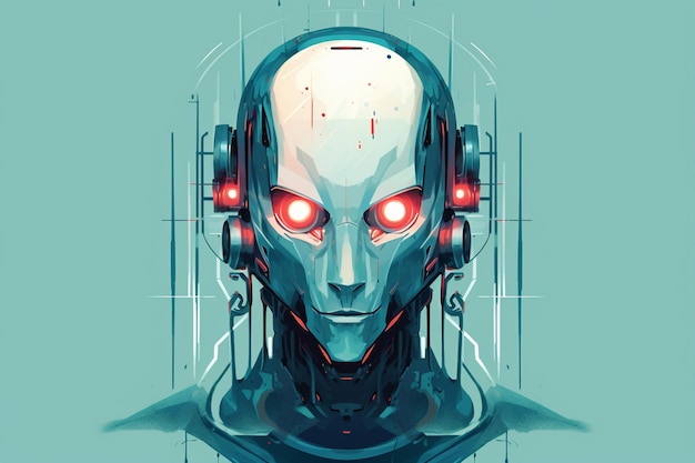 A robot with red eyes and a glowing red eye.