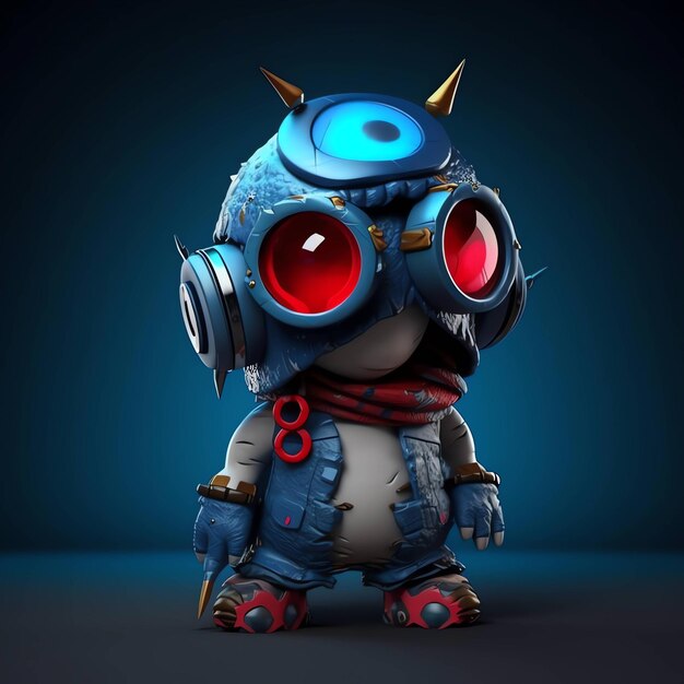 A robot with red eyes and a red eye is standing in front of a dark background.