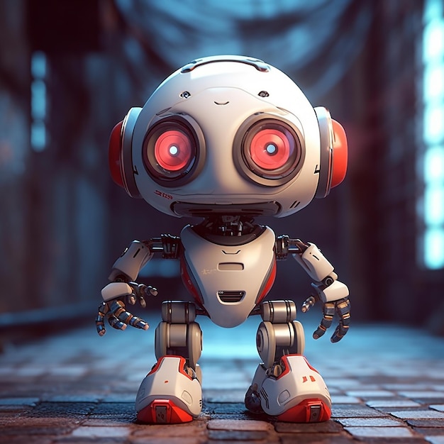 A robot with red eyes stands on a brick floor.