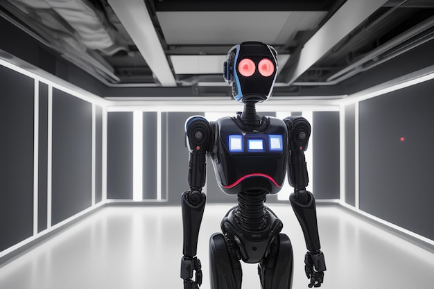 A robot with red eyes stands in a dark room with a light on the wall.