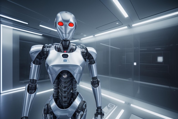 A robot with red eyes stands in a dark room.