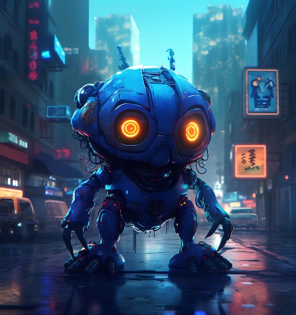 A robot with red eyes stands in the middle of a busy street.