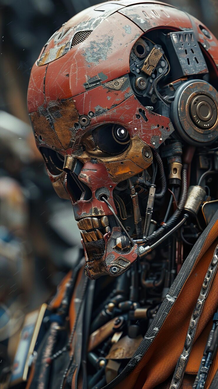 Photo a robot with a red face and a brown handle