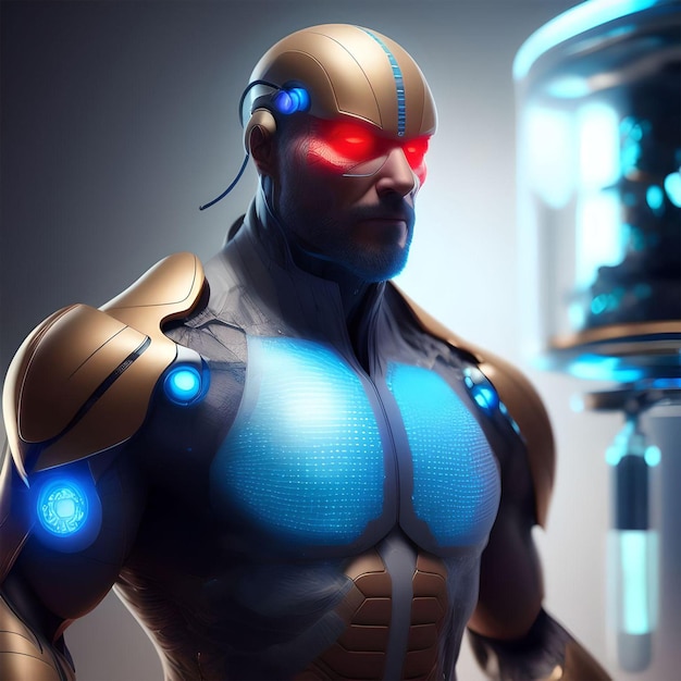 A robot with red glowing eyes stands next to a blue object.