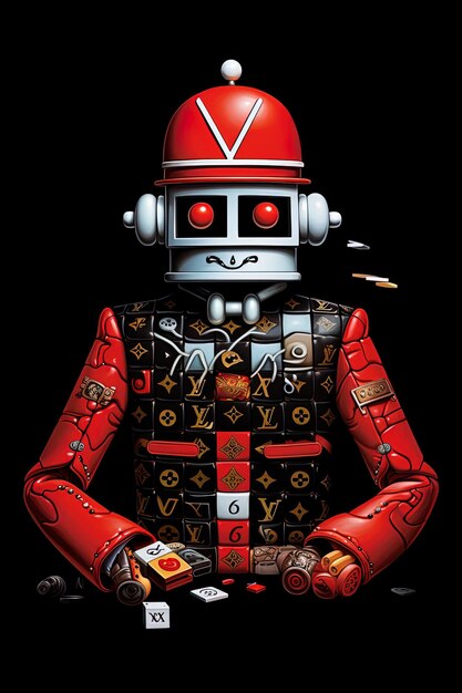 a robot with a red helmet and the words  v  on it